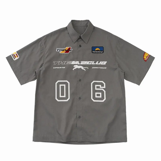 Racing Style Lapel Neck Short-Sleeved Shirt - Gray