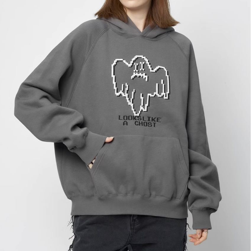 LOOKS LIKE A CHOST Embroidered Thick Hoodies - Black